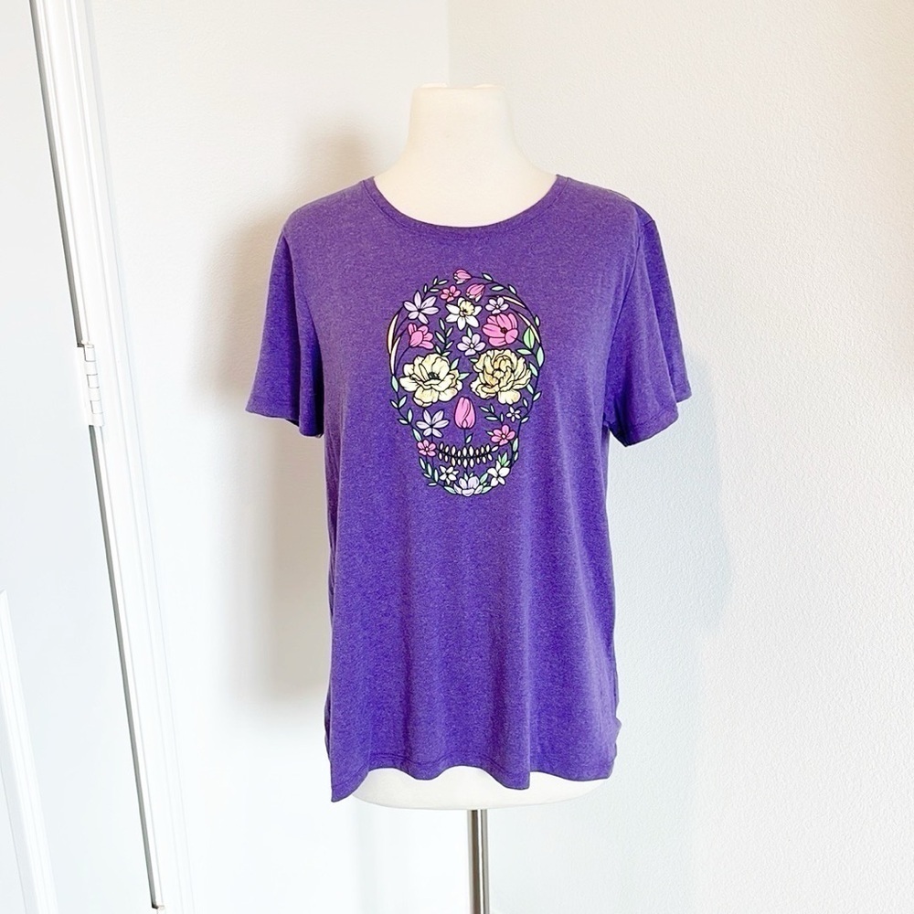 Celebrate Halloween Purple T-Shirt with Floral Skull Design